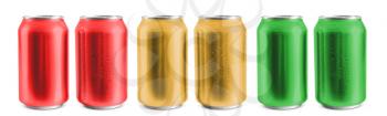 Colorful aluminum cans of cold beer on white background�