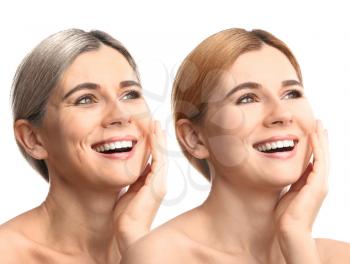 Comparison portrait of woman with young and old skin on white background. Process of aging�