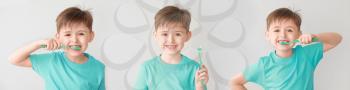 Set with cute little boy brushing teeth on light background�