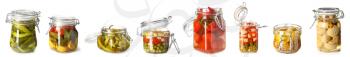 Set with fermented vegetables on white background�