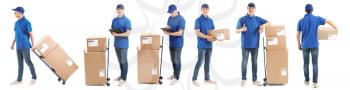 Set of delivery man with boxes on white background�