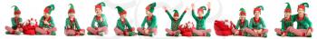 Collage with little children in costumes of elves on white background�