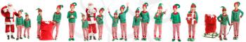 Collage with Santa Claus and little elf kids on white background�