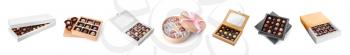 Set of boxes with chocolate candies on white background�