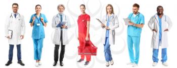 Different doctors and nurses on white background�