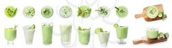 Many glasses of cold cucumber soup on white background�