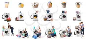 Set of modern washing machines and people on white background�