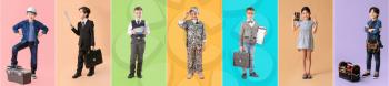 Collage with little children in uniforms of different professions on color background�