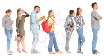 Different people waiting in line on white background�