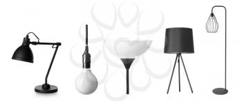 Different stylish lamps on white background�