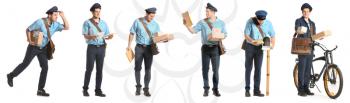 Handsome young postman on white background�