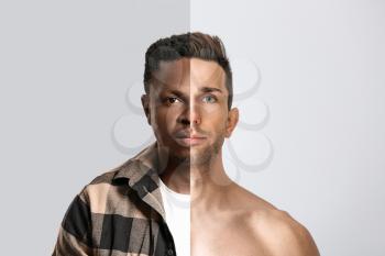 Comparison portrait of African-American and Caucasian men on light background. Stop racism�