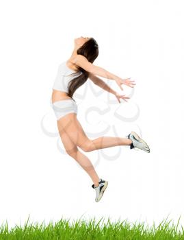 Royalty Free Photo of a Woman Leaping in Grass