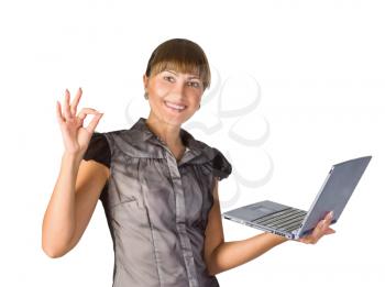Royalty Free Photo of a Woman With a Laptop Saying Okay