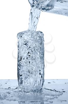 glass of a water with overflow on white background
