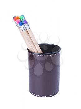 Several pencils with erasers different colours in a cup isolated on white background