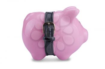conceptual image of a piggy  bank with tight belt  isolated on white background 