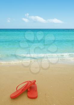Red flip flops on the beach sand.Concept of summer vacations