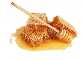 fresh golden honeycomb and wooden stick isolated on white background