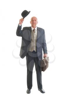 Middle aged  businessman in a retro business suit with briefcase isolated on white.
