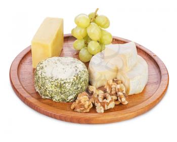 Cheese platter with grapes and  walnut	isolated on white