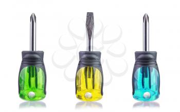 Set of short varicolored screwdrivers isolated on a white background 