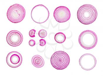 sliced red onions set isolated on white background,top view
