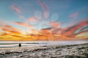Beautiful seascape sunset over the sea with two romantic silhouette.
 Australia near Perth