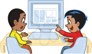 Royalty Free Clipart Image of Two Boys Looking at a Computer