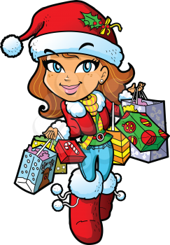 Royalty Free Clipart Image of a Girl in a Santa Hat With Shopping Bags