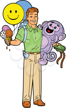 Royalty Free Clipart Image of a Man With His Hands Full of Fun Things