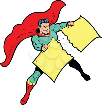 Royalty Free Clipart Image of a Superhero Tearing a Banner