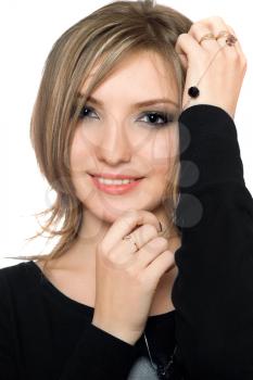 Royalty Free Photo of a Woman Holding Beads at Her Face