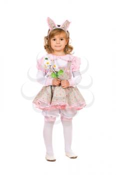 Royalty Free Photo of a Little Girl in Bunny Ears Holding Flowers