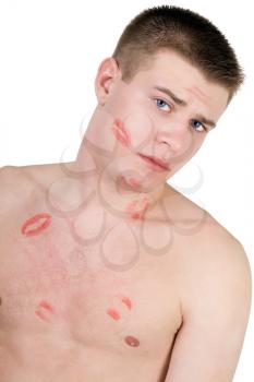 Royalty Free Photo of a Young Man With Lipstick All Over His Face