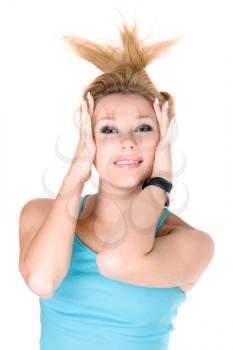 Royalty Free Photo of a Woman With Her Hair Up and Her Hands Beside Her Face