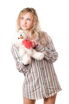 Royalty Free Photo of a Woman in a Man's Shirt Holding a Teddy Bear