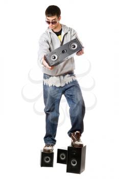 Royalty Free Photo of a Man With Four Speakers