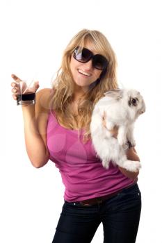 Royalty Free Photo of a Woman With a Glass of Alcohol and a Rabbit