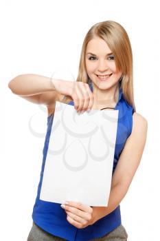 Royalty Free Photo of a Girl Holding a Blank Paper