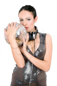 Portrait of nice young brunette with a mirror ball in her hands. Isolated on white