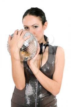 Portrait of attractive young brunette with a mirror ball in her hands. Isolated on white