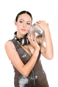Portrait of young brunette with a mirror ball in her hands. Isolated