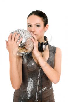 Portrait of attractive young brunette with a mirror ball in her hands. Isolated