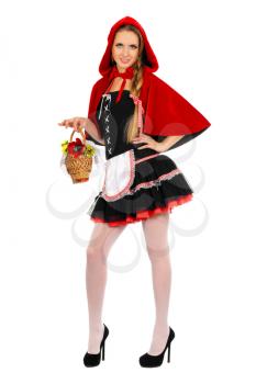 Happy young woman dressed as Little Red Riding Hood