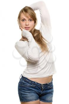 Young blond woman posing and showing her pretty surprising face. Isolated on white