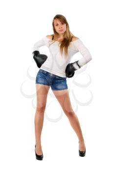Playful sporty woman with black boxing gloves. Isolated on white
