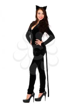 Young smiling woman posing in black catsuit. Isolated on white