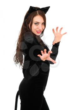 Attractive young brunette dressed in black catsuit. Isolated on white