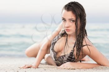 Provocative young brunette posing on the beach